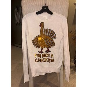 H&M Womens XS Cream Sequin Turkey Thanksgiving Sweater Im Not A Chicken 03906424